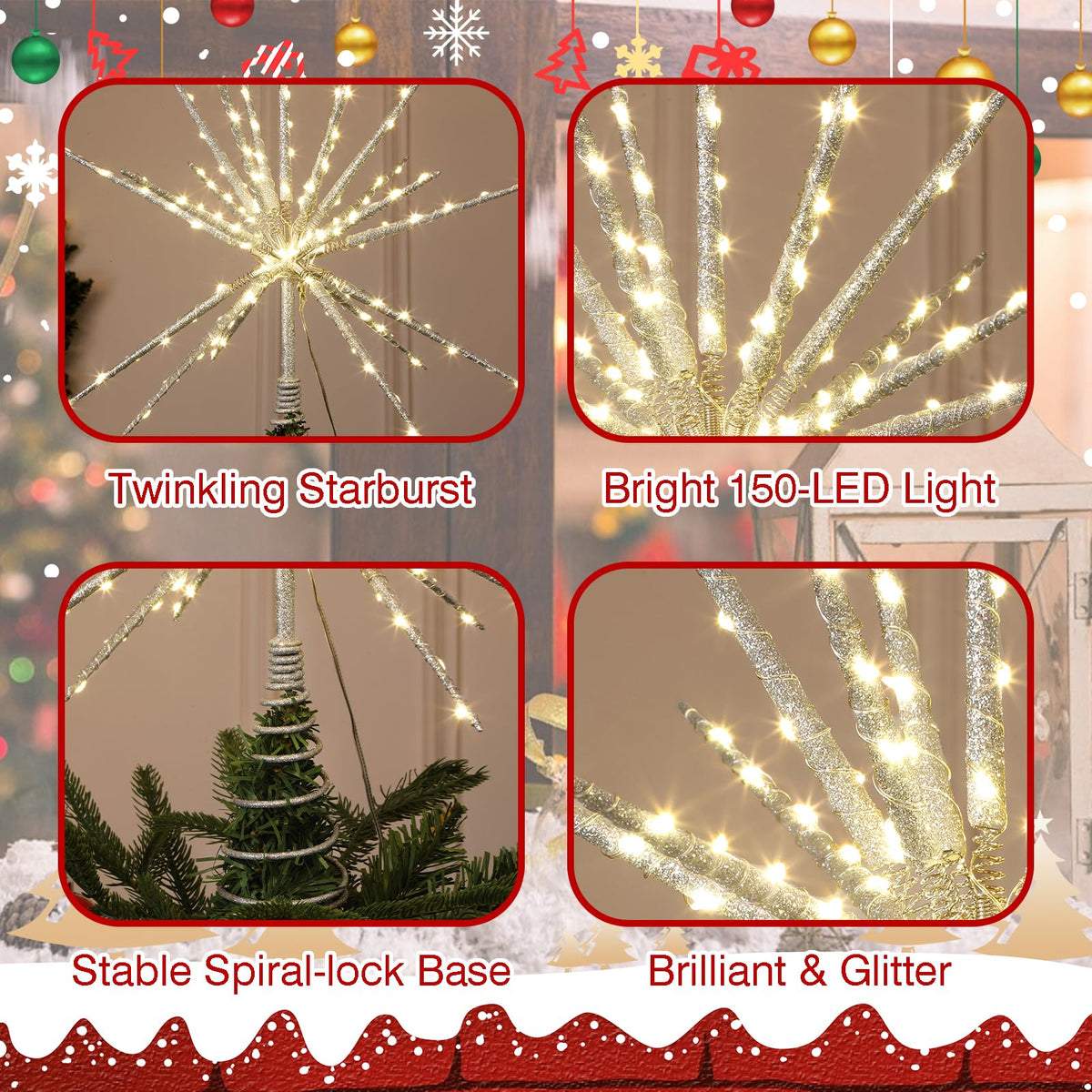 HMASYO 15 Inch Twinkling Starburst Christmas Tree Star Topper, 19-Point Silver Star Tree Topper with 150 LED, Remote Control & Timer, USB Power for Indoor Home Holiday Party Xmas Tree Decoration