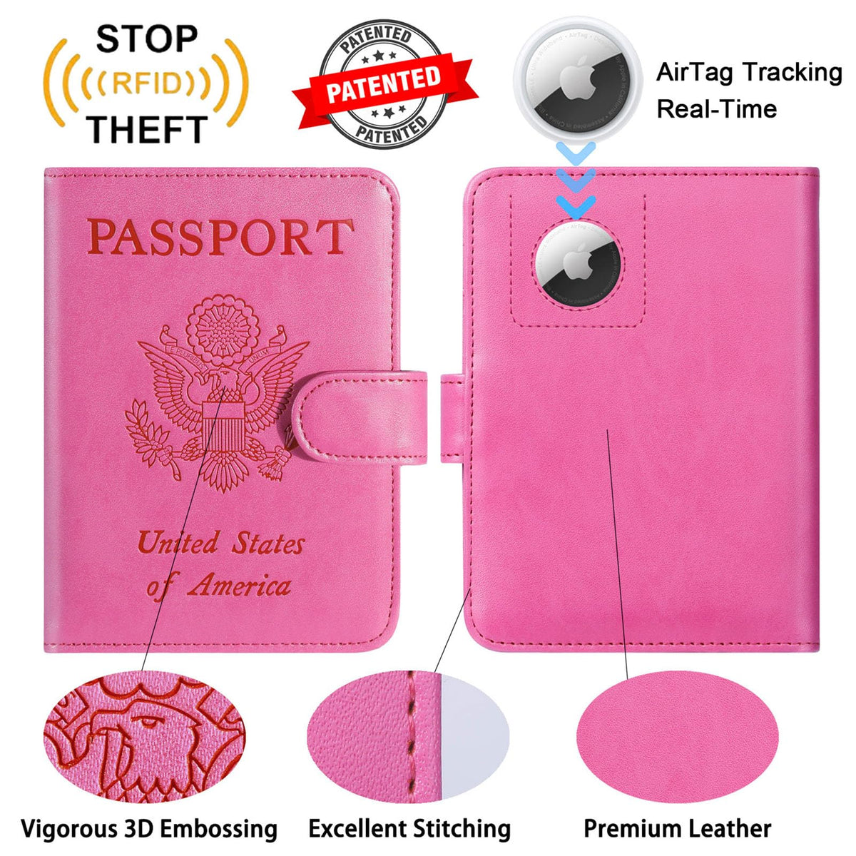 Airtag Passport Holder Cover Wallet RFID Blocking Leather Case Travel Essentials Luggage Accessories Travel Must Have(118#Pink)