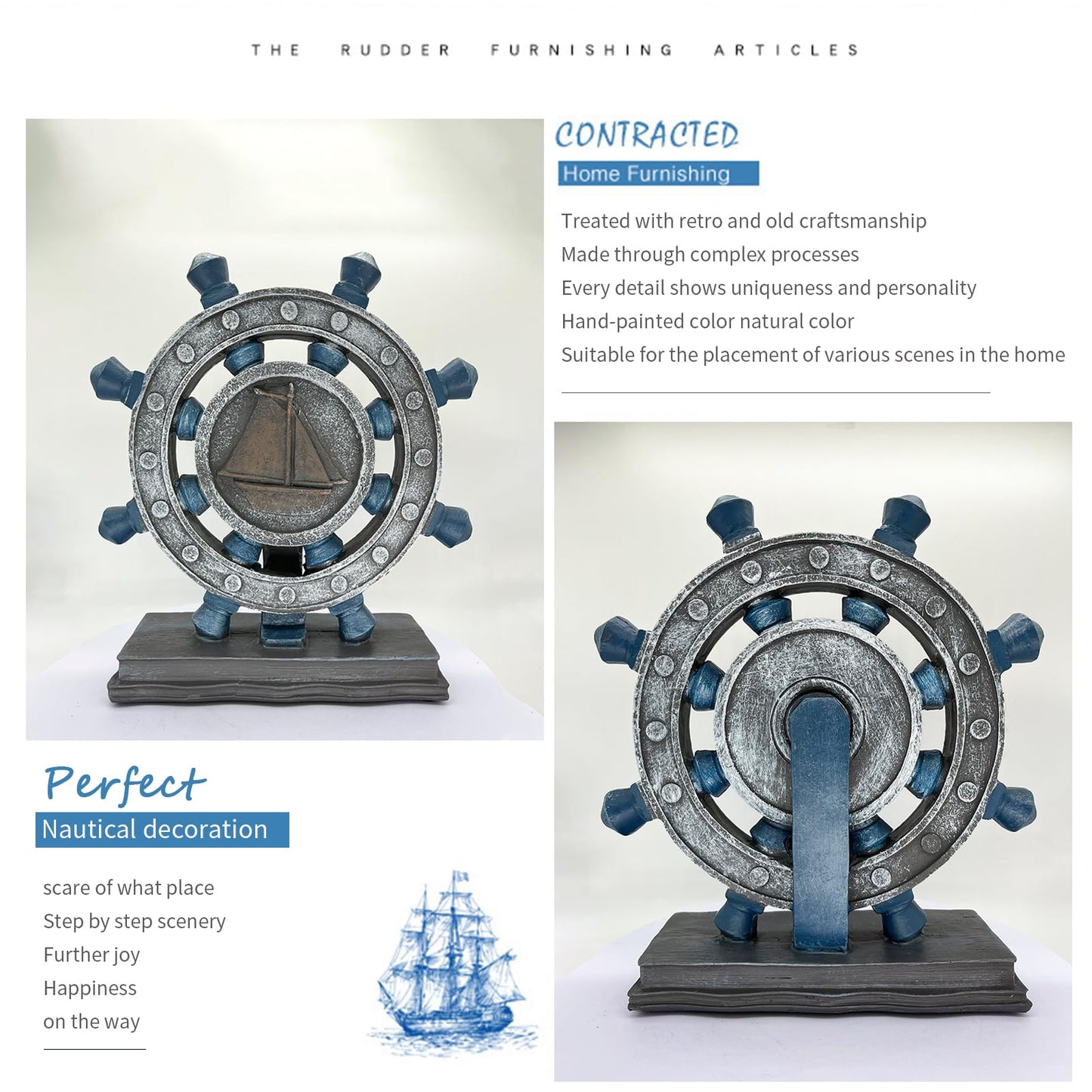 JTSTAN Nautical Decor Rudder-Figurine Mediterranean Style - Blue Boat Steering Model Resin Handicraft White Statue for Bookshelf Desktop Home Decoration