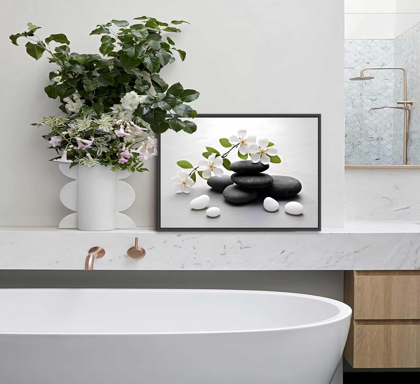 Framed Zen Stone Flower Canvas Wall Art Orchid Flower Black White Zen Stone Picture Wall Decor Still Life Poster Print Artwork for Bathroom Yoga Room Spa Room Meditation Room Office Home Decoration