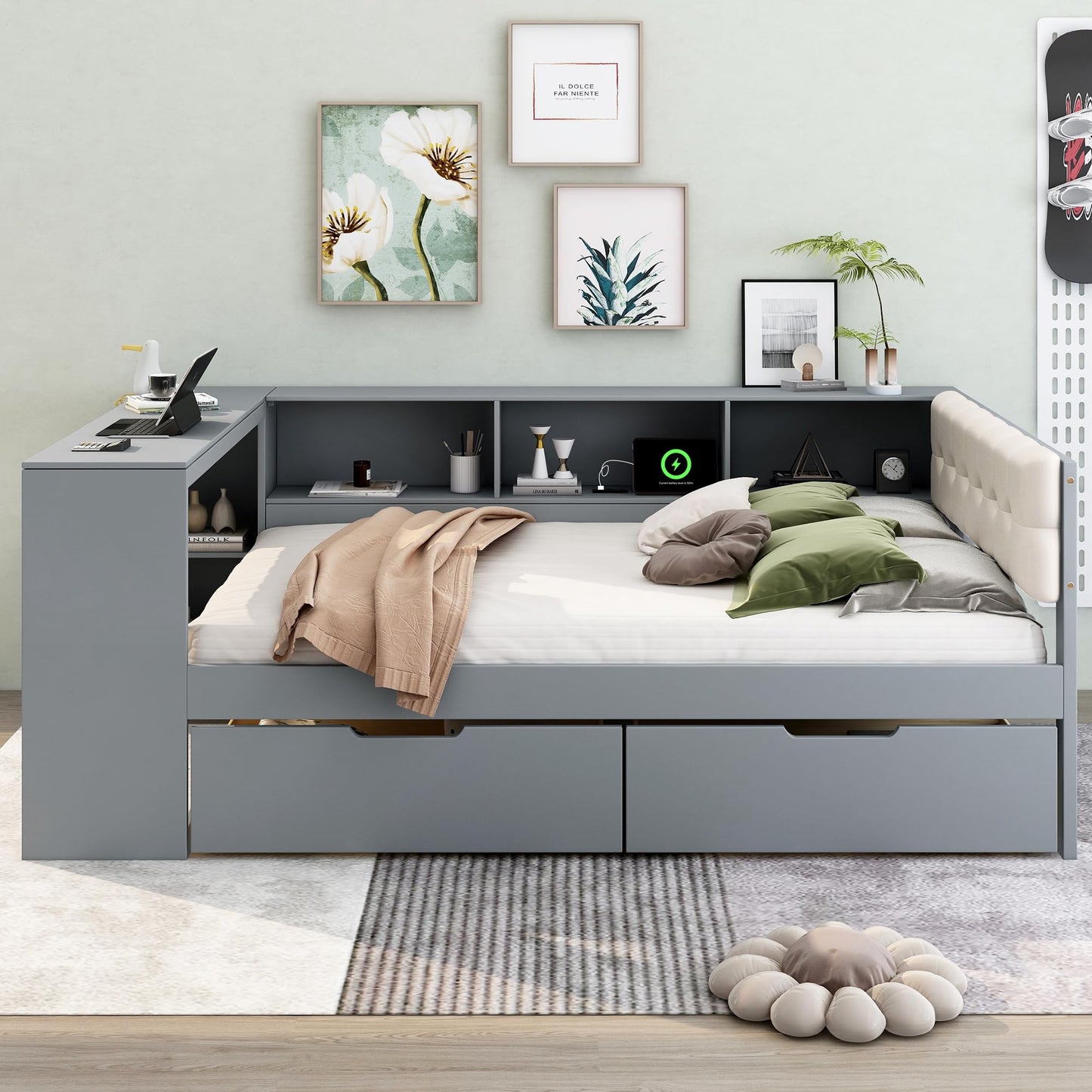 Merax Full Size Platform Bed with Storage Shelves,Drawers,Charging Station and Upholstered Headboard for Bedroom,