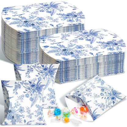 Moinchore 100 Pcs Blue Floral Pillow Boxes Kraft Paper Pillow Gift Boxes Candy Wedding Party Favors Blue Floral Candy Decor for Wedding Baby Bridal Shower Birthday Party Supplies