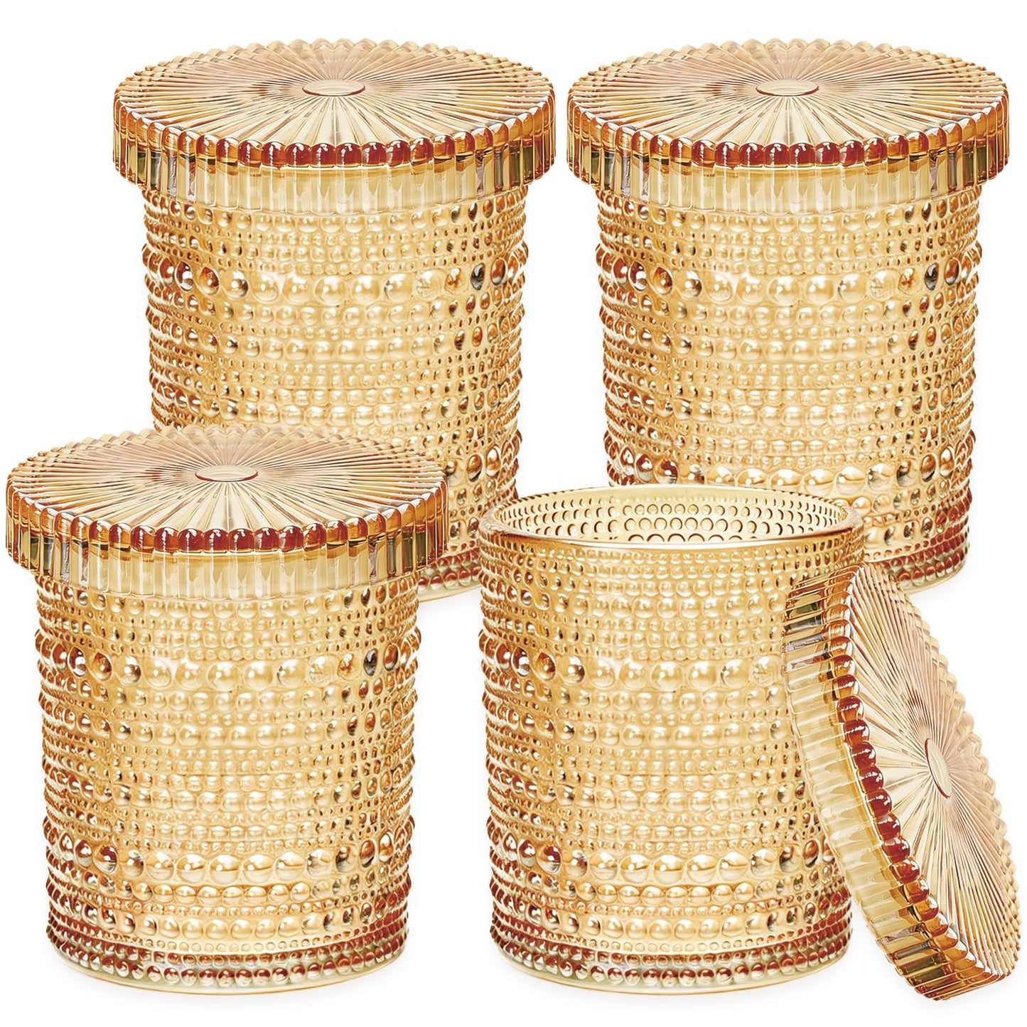 Flrolove 4-Pack Glass Qtip Holder Dispenser, 10oz Bathroom Organizers and Storage, Hobnail Cotton Round Holder for Qtips, Cotton Rounds, Balls & Floss Picks, Vanity & Makeup Apothecary Jars (Amber)