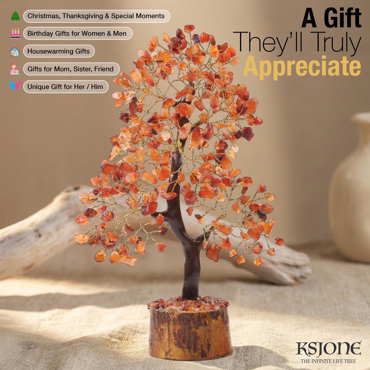KSJONE Carnelian Crystal Tree of Life Handmade Feng Shui Bonsai Crystal Healing Money Tree | Boho Decor | Home Decor Trees for Positive Energy, Money, Good Luck Birthday Gifts for Women, Mom