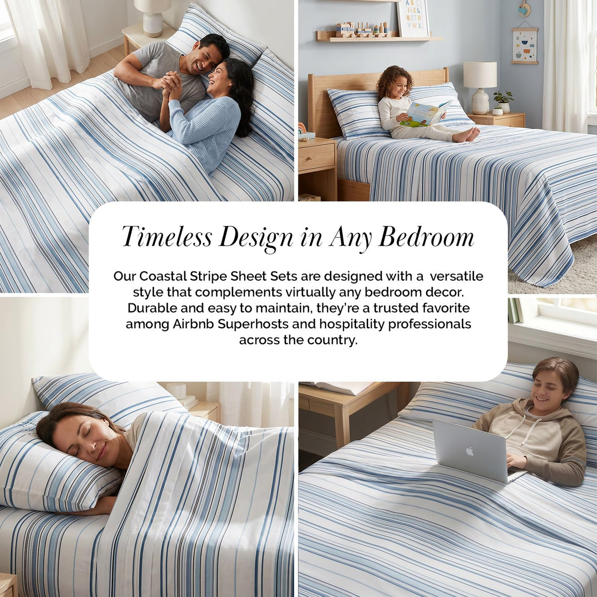 Southshore Fine Living, Inc. Coastal Sheets Set, 4 Piece Full Size Sheet Set Beach House Bedding, 15 Inch Deep Pocket Fitted Sheet, Ultra Soft Microfiber Blue and White Striped Sheets Full Size - Blue