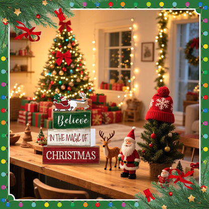Lineshading 4 Pcs Christmas Table Decoration Wooden Santa Claus Decor Christmas Tiered Tray Decor Decorative Santa Claus Elk Block Sign Gift Farmhouse Xmas Table Centerpiece for Home Kitchen Shelf