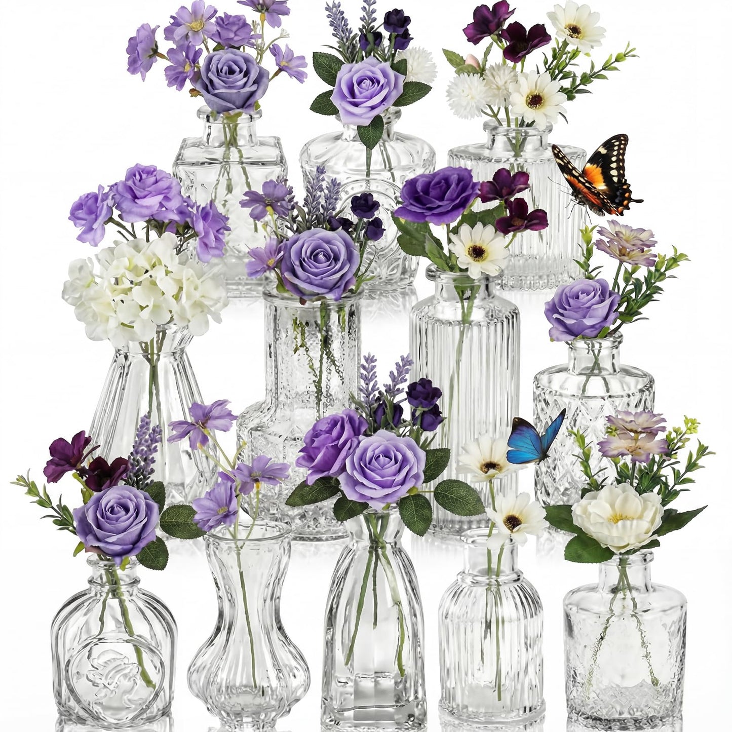 Ferrochef 36 Pcs Artificial Flowers Table Centerpiece with Vases Colorful Wildflower Centerpieces Silk Flower Arrangement for Wedding Baby Shower Table Centerpieces Party(Purple Series,Clear)