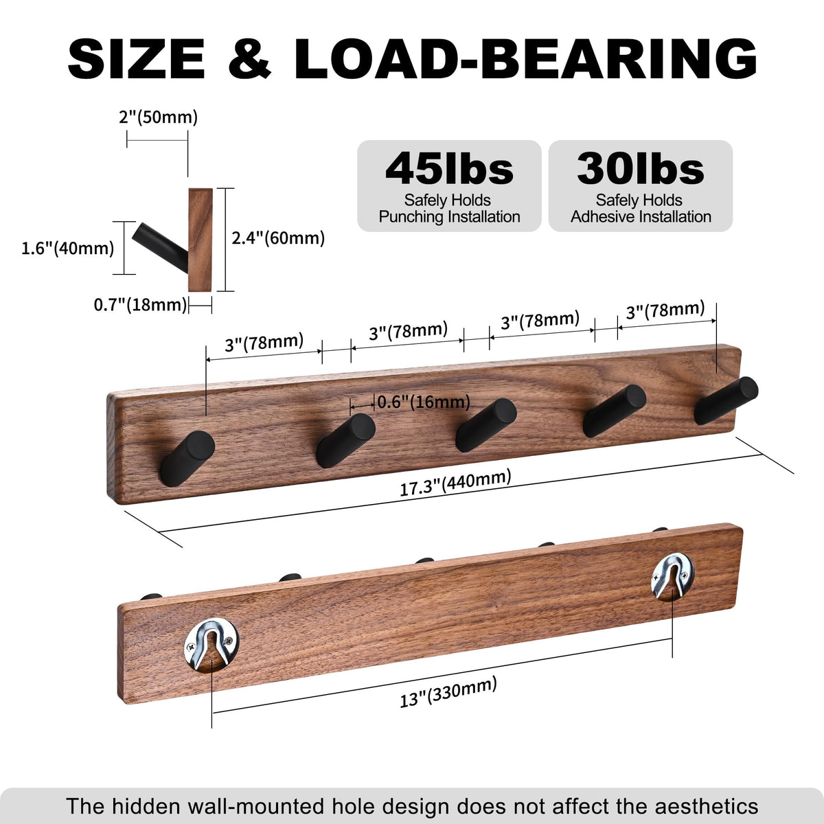 LECHYN 17.3" Small Wooden Coat Rack Wall Mounted with 5 Pegs Hooks, Entryway Wall Hooks Coat Hanger for Hanging Towel Jacket Clothes Hat Backpack Shoe Purse Key Holder Hook Rail by Black Walnut Wood
