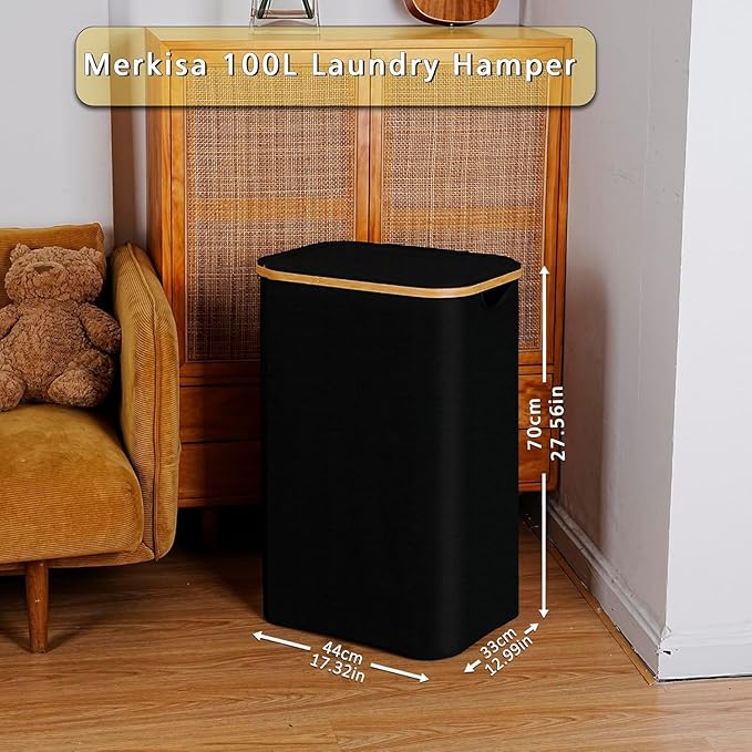 100L Laundry Hamper with Lid, Lagre Basket with Bamboo Handles, Foldable