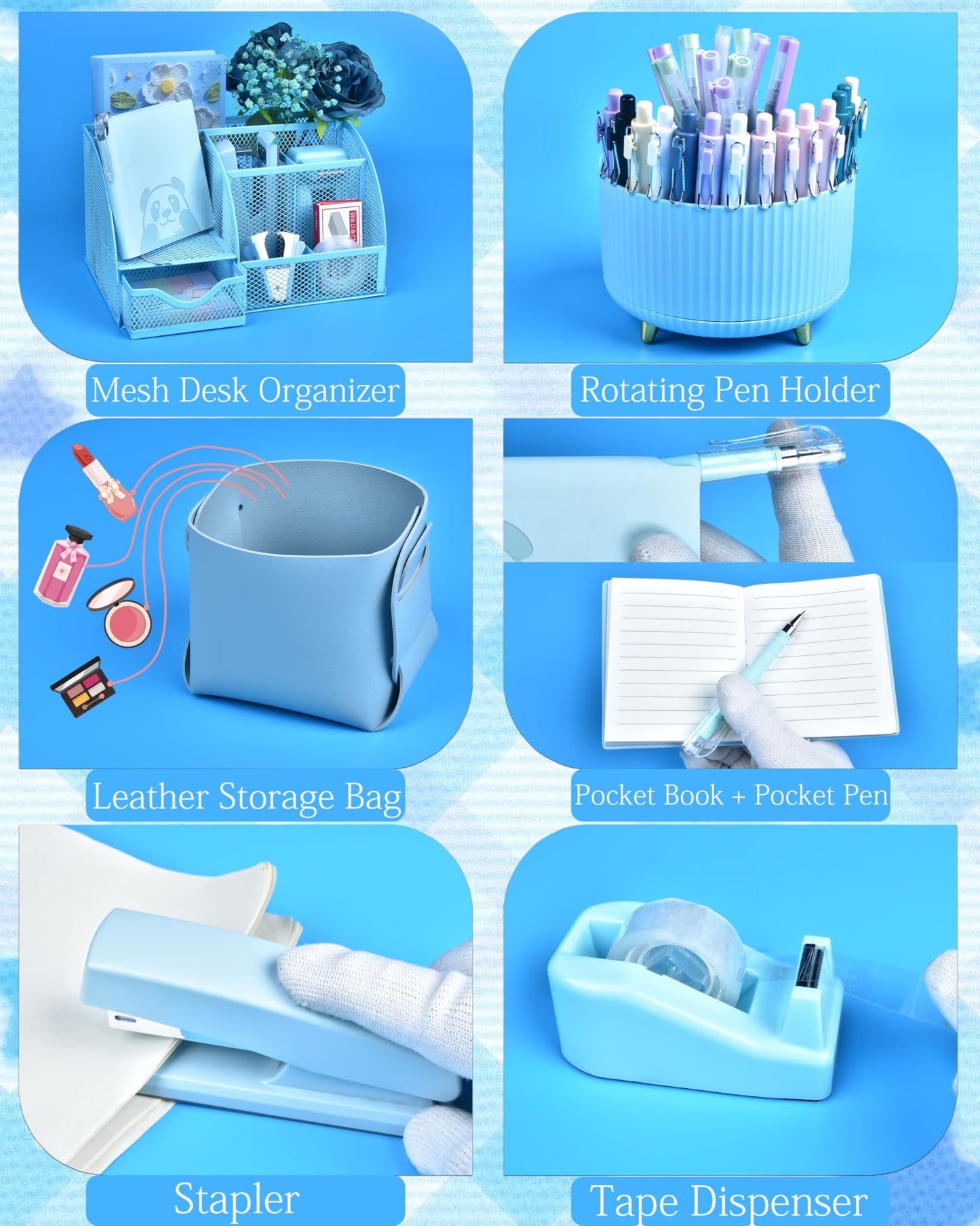 Vamrak Blue Desk Accessories and Organizers with Desk Organizer and 360°Rotating Pen Holder stapler Pen and a Lot of Office Blue Office Supplies Beautifully Presented in a Gift Box