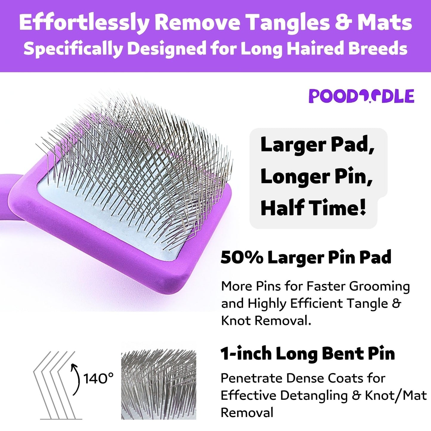 Poodoodle Dog Slicker Brush, Grooming Tool for Poodle, Doodle, Goldendoodle & All Long Haired Dogs, Long Pin Wood Brush Pefect for Dematting & Detangling, Effortless Grooming Pet Hair At Home - Large