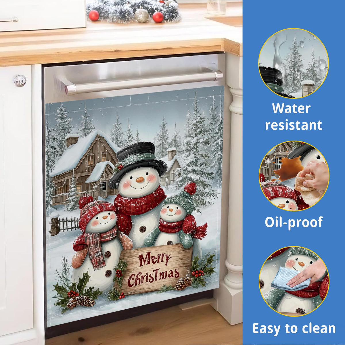 Merry Christmas Magnetic Dishwasher Cover,Washable Reusable Cute Snowmen Refrigerator Appliance Front Panel for Kitchen Decor,23 x 26 Inch