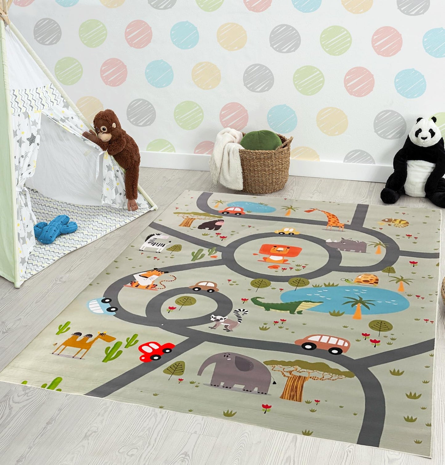 the carpet Happy Life Play mat, washable, for children's rooms, designs: street, road, jungle, animals and cars, green-2, 80 x 150 cm