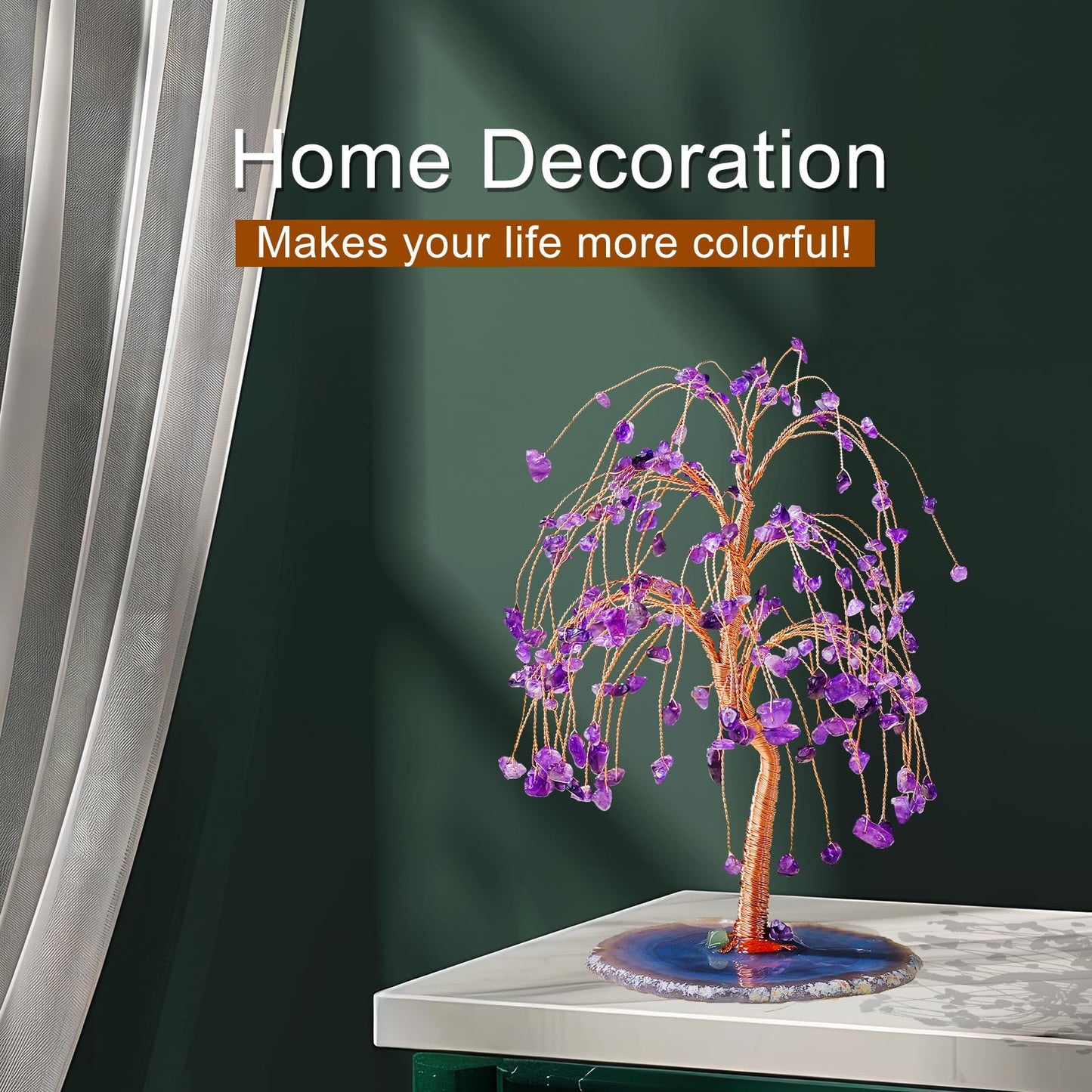 Runyangshi Natural Amethyst Crystal Tree of Life Handmade with Copper Wire - 7-8" Healing Crystals Gemstone Willow Tree Geode Agate Slices Base for Home Decor, Feng Shui Gifts, Office Desk Ornament