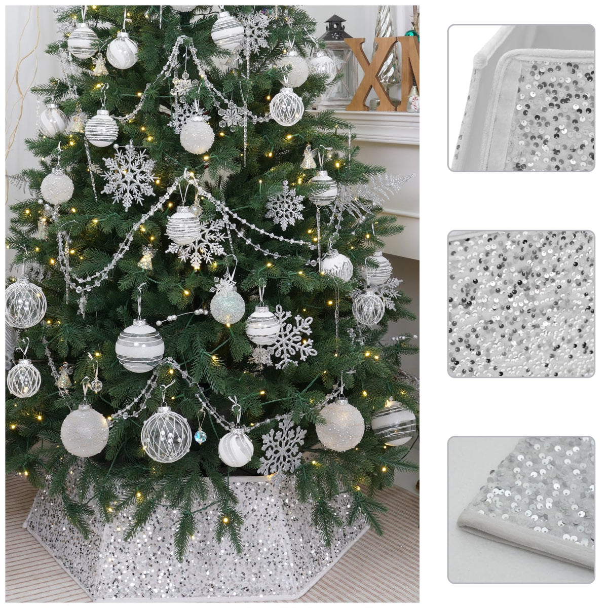 White Christmas Tree Collar with Sparkling Sequins,Christmas Tree Collars for Atificial Trees, 33.5 Inch Christmas Tree Skirt, Xmas Tree Stand Base Cover,Holiday Home Decor Tree Ring(Large)