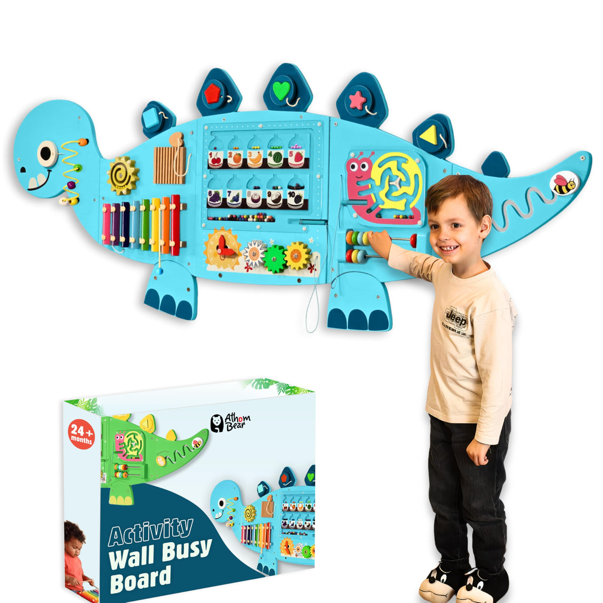 AthomBear Dinosaur Wall Busy Board with 12 Activities - Montessori Wall Activity Board 2-6 - Wooden Toys for Toddlers – Sensory Panel Learning Activity Center for Playroom, Daycare & Classroom