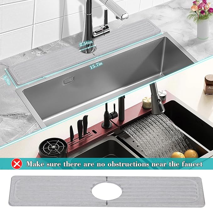 Stone Faucet Mat for Kitchen Sink, 15.7" Diatomite Drying Stone Kitchen Sink