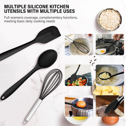 HaWare 11 PCS Silicone Cooking Utensils Set, Heat Resistant Kitchen Utensils with Holder, Food-grade Spatula Sets for Nonstick Cookware, Kitchen Tools Gadgets Include Fish Turner, Spoon (Black)