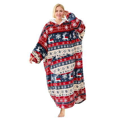 Moinlizy Wearable Blanket Hoodie, Long Thick Hooded Blanket Oversized for Adults Women Men with Pocket and Sleeves, Christmas Red Xmas Deer