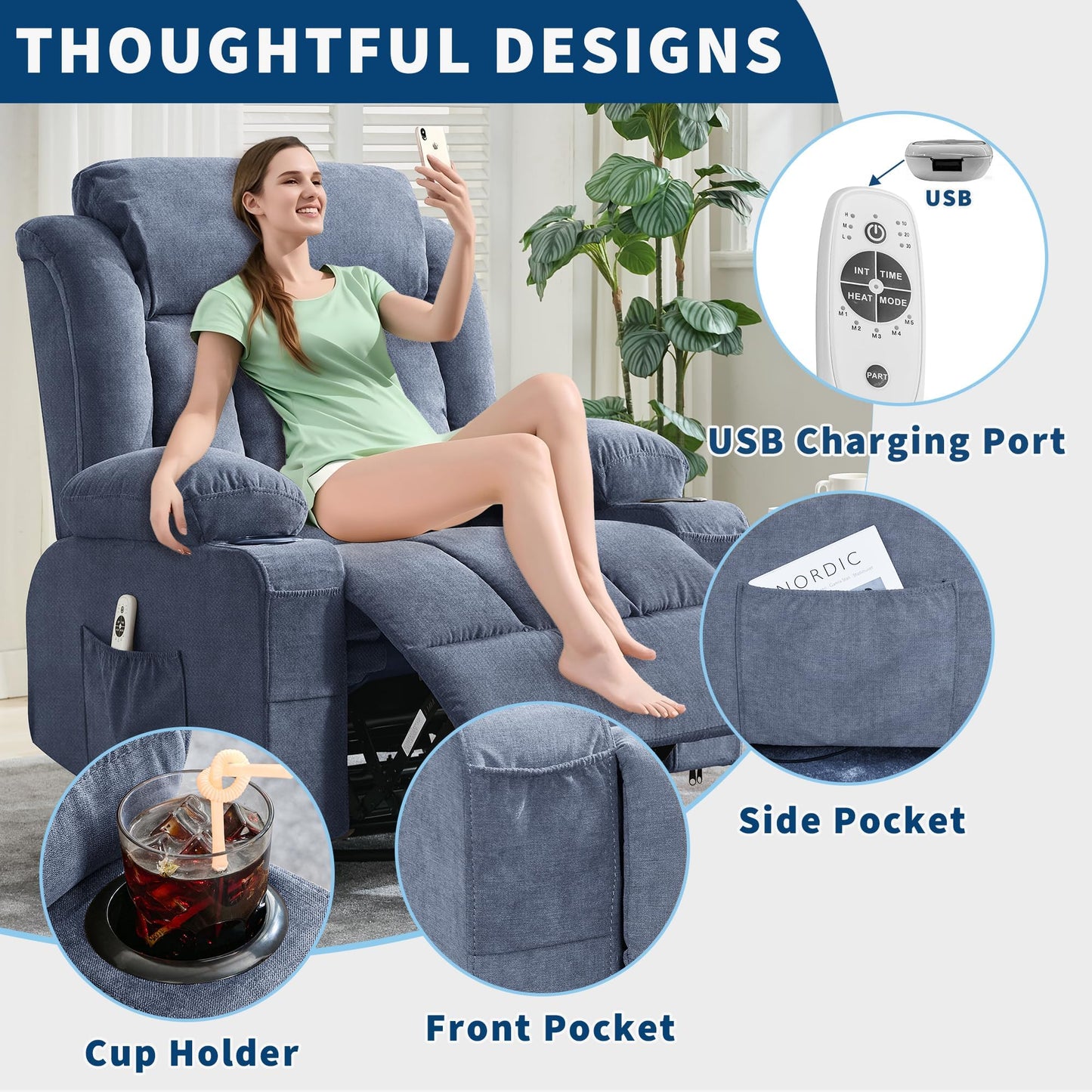 Oversized Swivel Rocker Recliner Chair with Heat & Massage, 3-Position Adjustable Nursery Recliner for Adults, Dual Cup Holders, Side Pockets, USB Charging Ports Blue