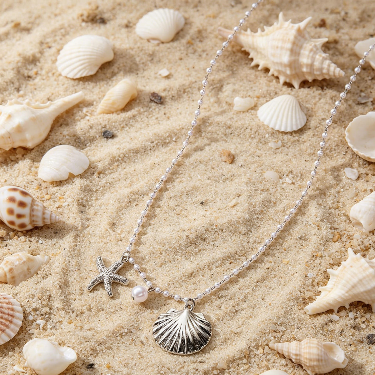 Shell Starfish Necklace for Women Gold Plated Pendant Pearl Necklace Boho Beaded Dainty Adjustable Necklaces Shell Conch Summer Beach Cuff Jewelry Accessories