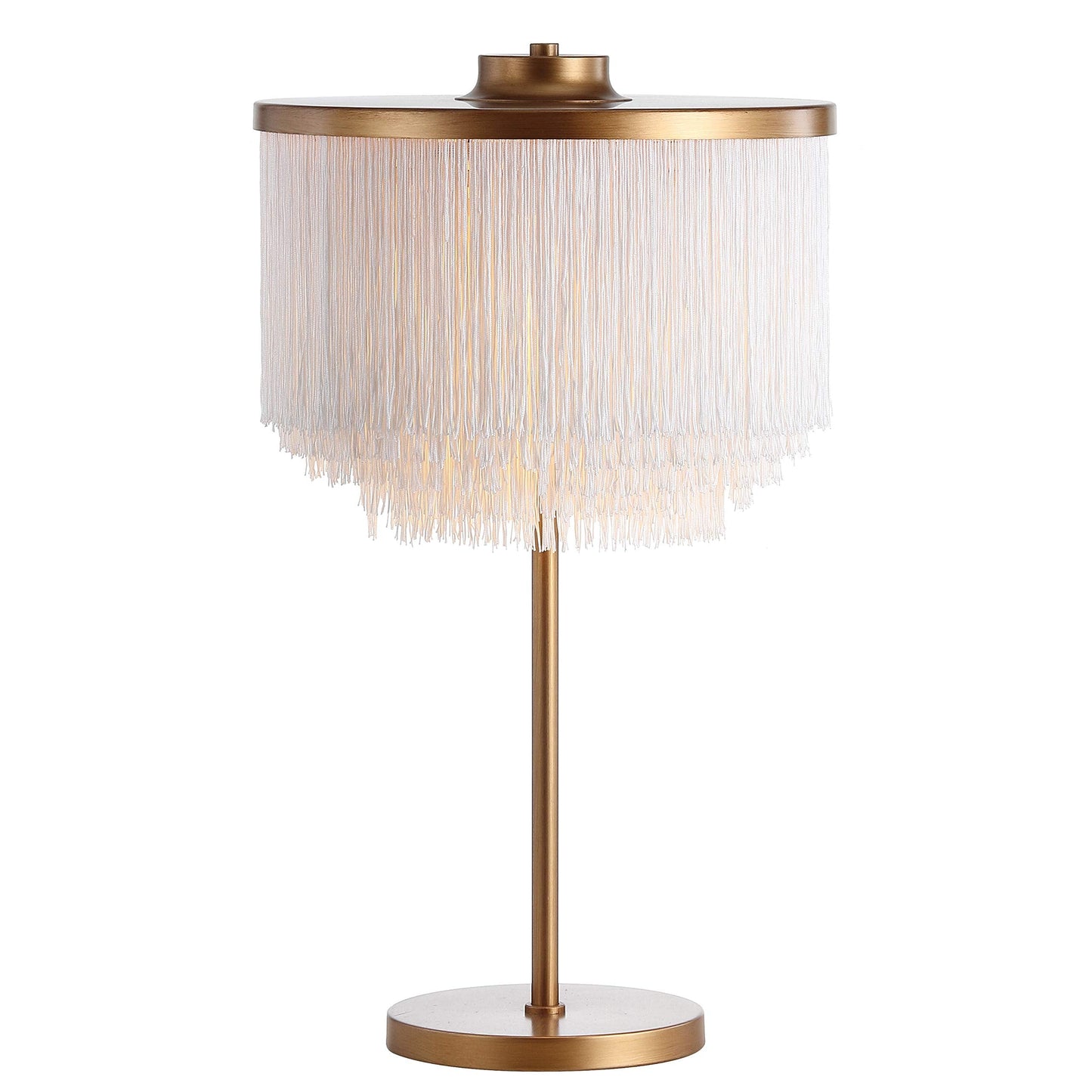 JONATHAN Y 27.5" Gold 2-Light Fringed Metal LED Table Lamp, Contemporary Glam Desk Lamp with White Tassel Shade for Living Room, Bedroom, LED Bulbs Included JYL9045A