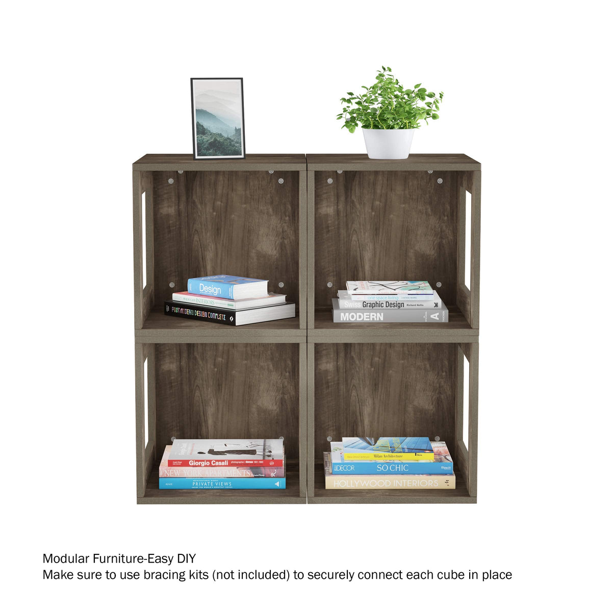 Lavish Home Modern Small Bookcase with Storage – Minimalist Open-Side Modular Shelving Unit, Stackable Accent Bookcase for Bedroom, Living Room, or Home Office (Gray Woodgrain)