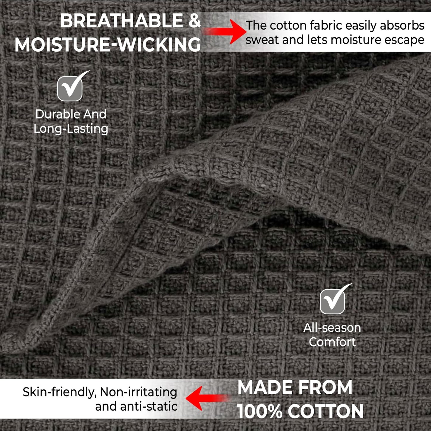 100% Cotton Blankets for Bed - Waffle Weave Blankets for Summer, Lightweight and Breathable Soft Woven Blanket for Spring (Dark Grey, Queen (90" x 90"))