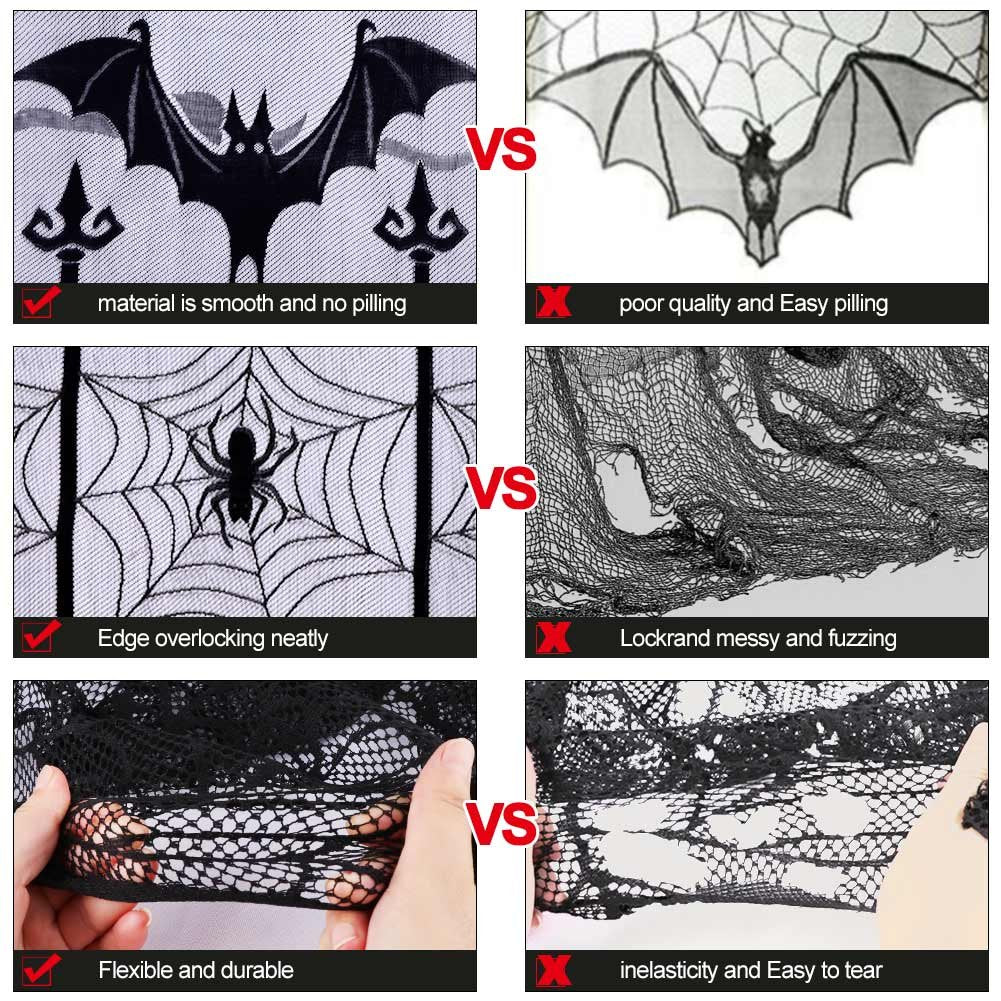 AerWo Halloween Curtains, 2PCS Spider Web Bats Curtains, Black Lace Door Curtain Panel Decor for Halloween Window Decorations, 40 x 84 Inch