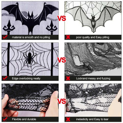 AerWo Halloween Curtains, 2PCS Spider Web Bats Curtains, Black Lace Door Curtain Panel Decor for Halloween Window Decorations, 40 x 84 Inch