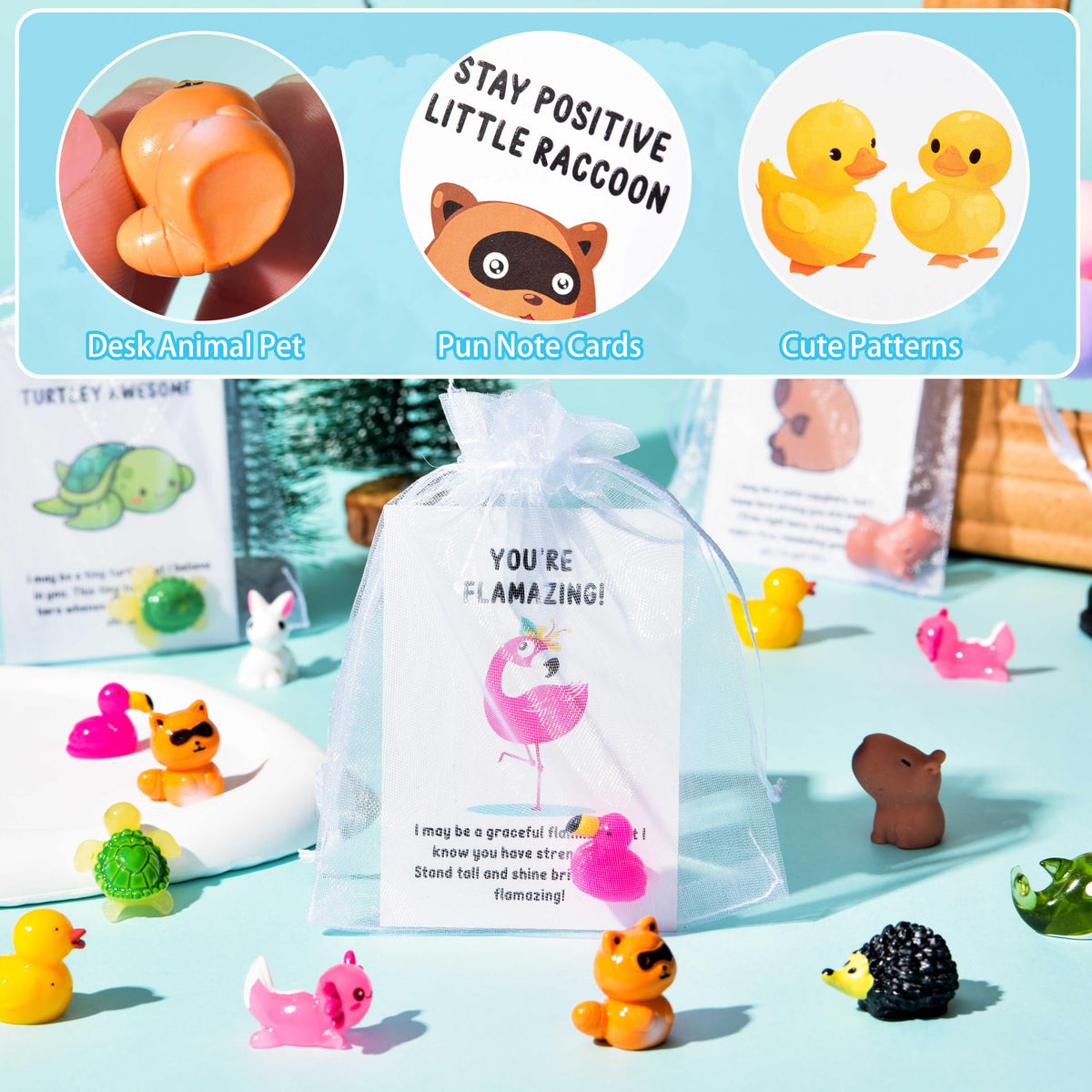 PAPPYN-A 30 Sets Employee Appreciation Gifts Bulk for Coworkers Team Staff Thank You Gifts Back to School Resin Animal Organza Bags Pun Inspirational Note Cards for Teacher Volunteer Nurse Office