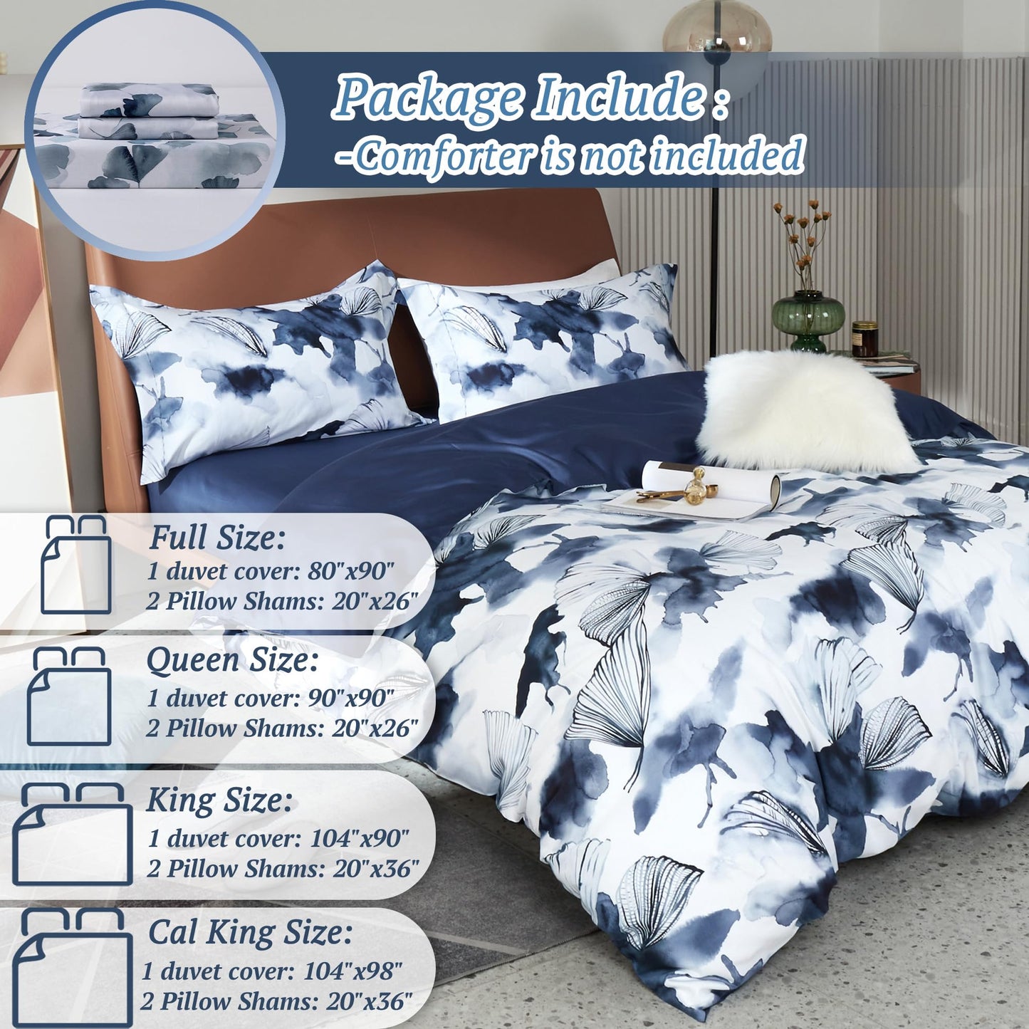 MILDLY Cotton Queen Duvet Cover Pillow Shams 3 Pieces Set Designed Blue Spring Floral Pattern Printed Bedding Set with Zipper Closure and Corner Ties (No Comforter)