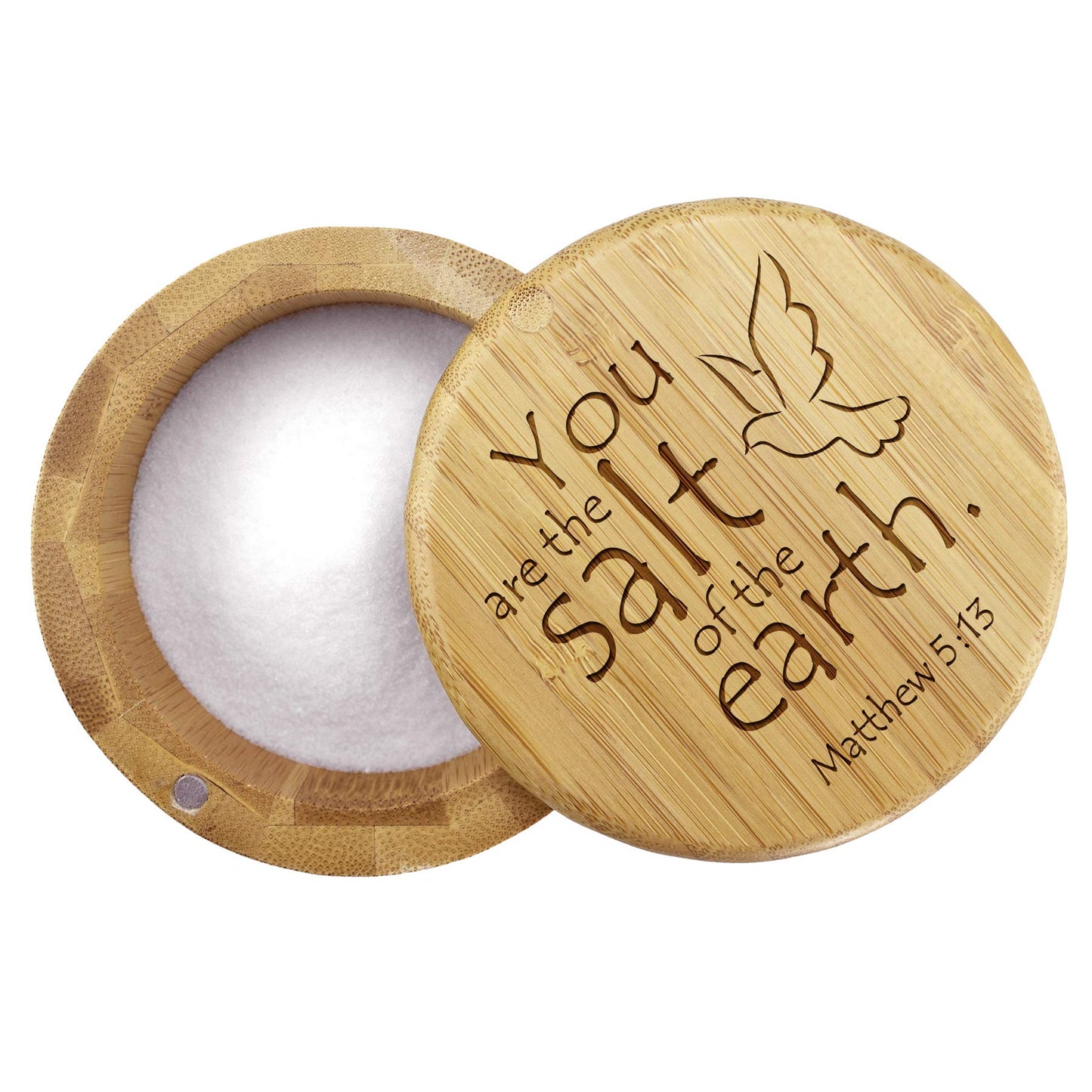 Totally Bamboo Salt Cellar Bamboo Storage Box with Magnetic Swivel Lid, 6 Ounce Capacity, You are the Salt of the Earth Matthew 5:13 Engraved on Lid