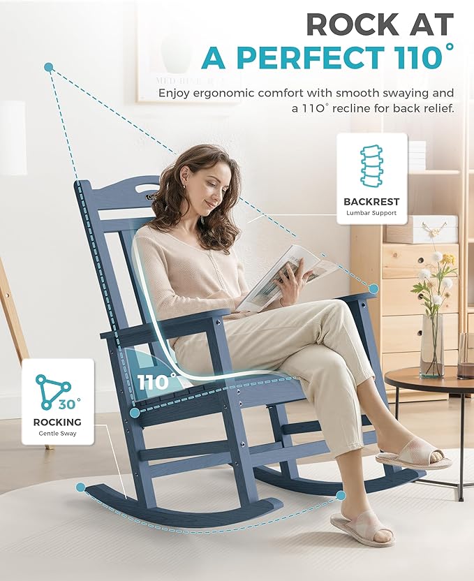 Ciokea Oversized Outdoor Rocking Chair, 380lbs Heavy-Duty Large Patio Rocker, Weather Resistant & Anti-Fade Porch Chair, High Back Cozy Rocking Chair for Outside, Fire Pit, Deck, Garden, Slate Blue