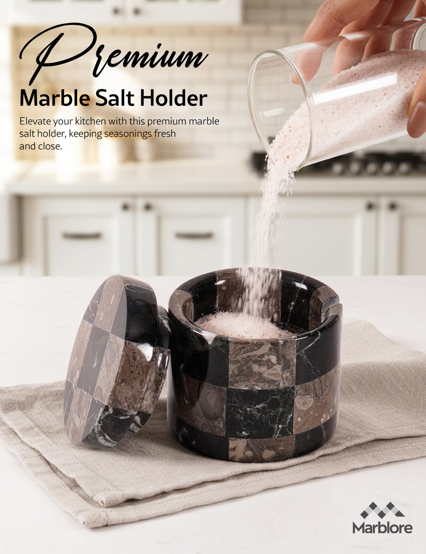Marble Salt Cellars with Lid and Spoon 3" Black and Oceanic Stone Containers for Kitchen Countertop Storage, Ideal Use For Spice Jars, Sugar Bowl, and Easter Decorations Kitchen