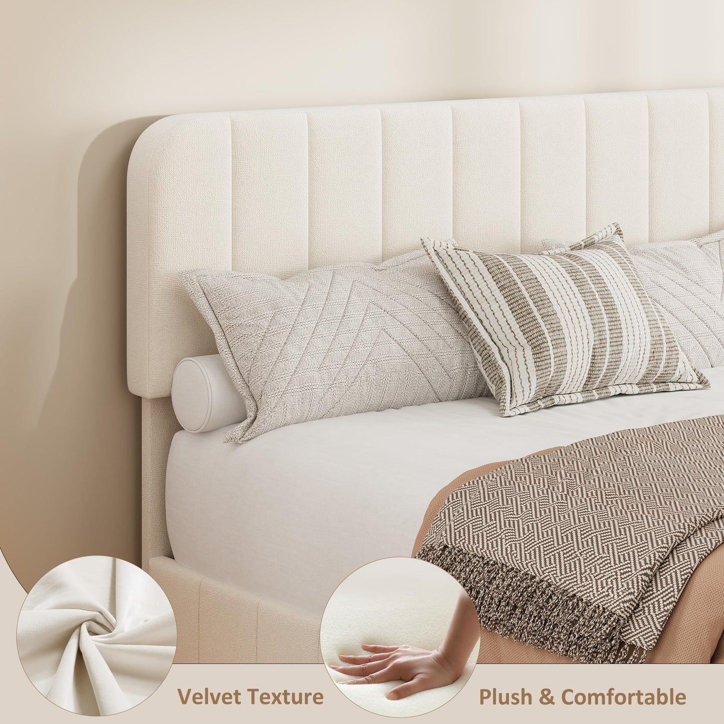 IDEALHOUSE Queen Size Velvet Bed Frame with 4 Storage Drawers, Upholstered Platform Bed with Vertical Channel Tufted Adjustable Headboard, No Box Spring Needed, Easy Assembly, Beige