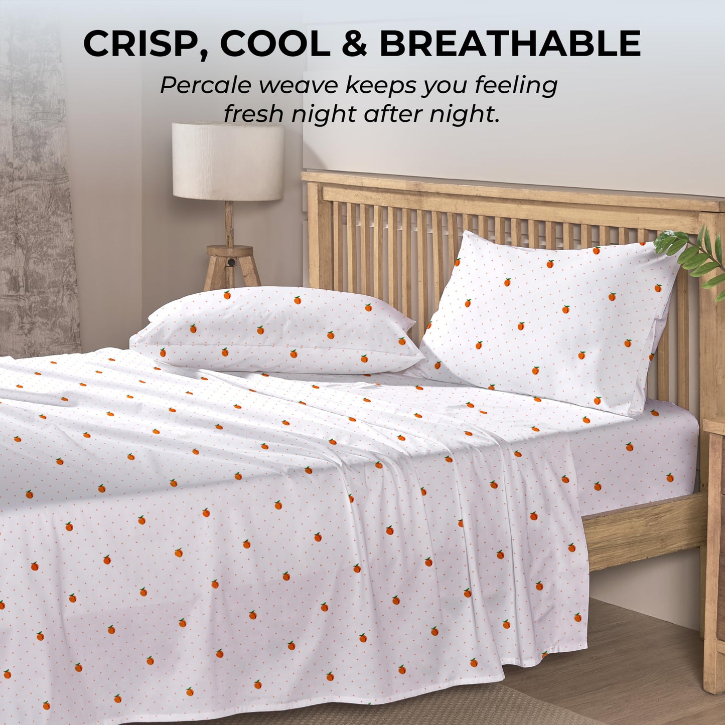 Mayil Manor Queen Size Fitted Sheet with 18" Deep Pockets, No Flat - Percale Weave Natural - Breathable 100% Cotton Printed Bedding, 1 Fitted Sheet + 2 Pillowcases - Peach Dot Print