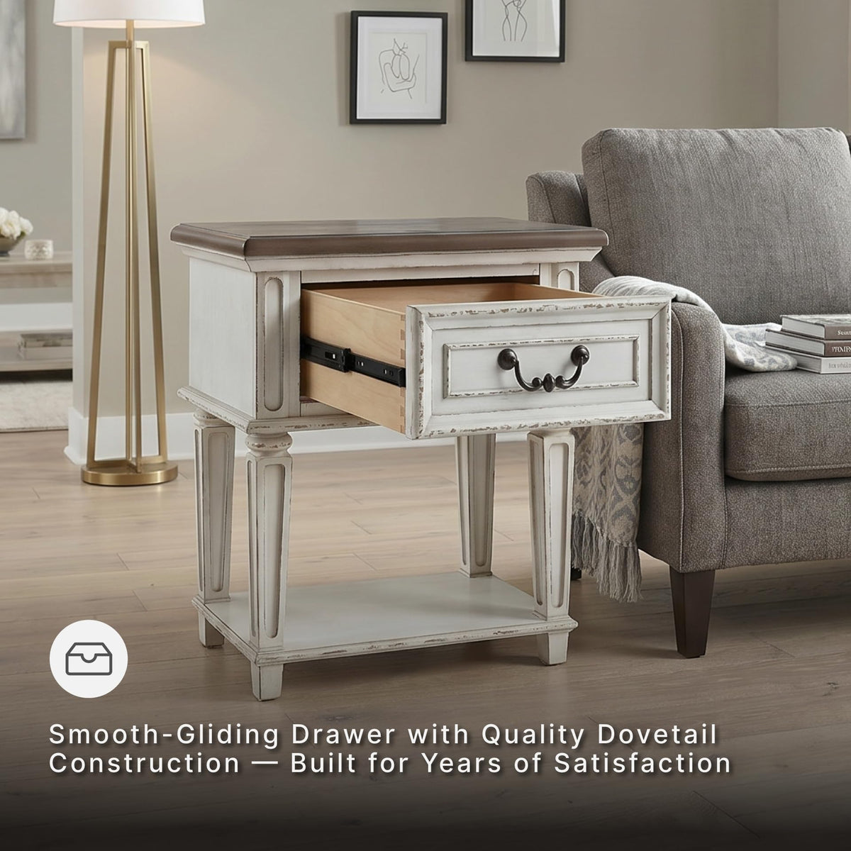 Signature Design by Ashley Realyn Traditional Cottage 1 Drawer Nightstand with Dovetail Construction & Open Display Shelf, Chipped White, 27" Tall, Distressed Brown