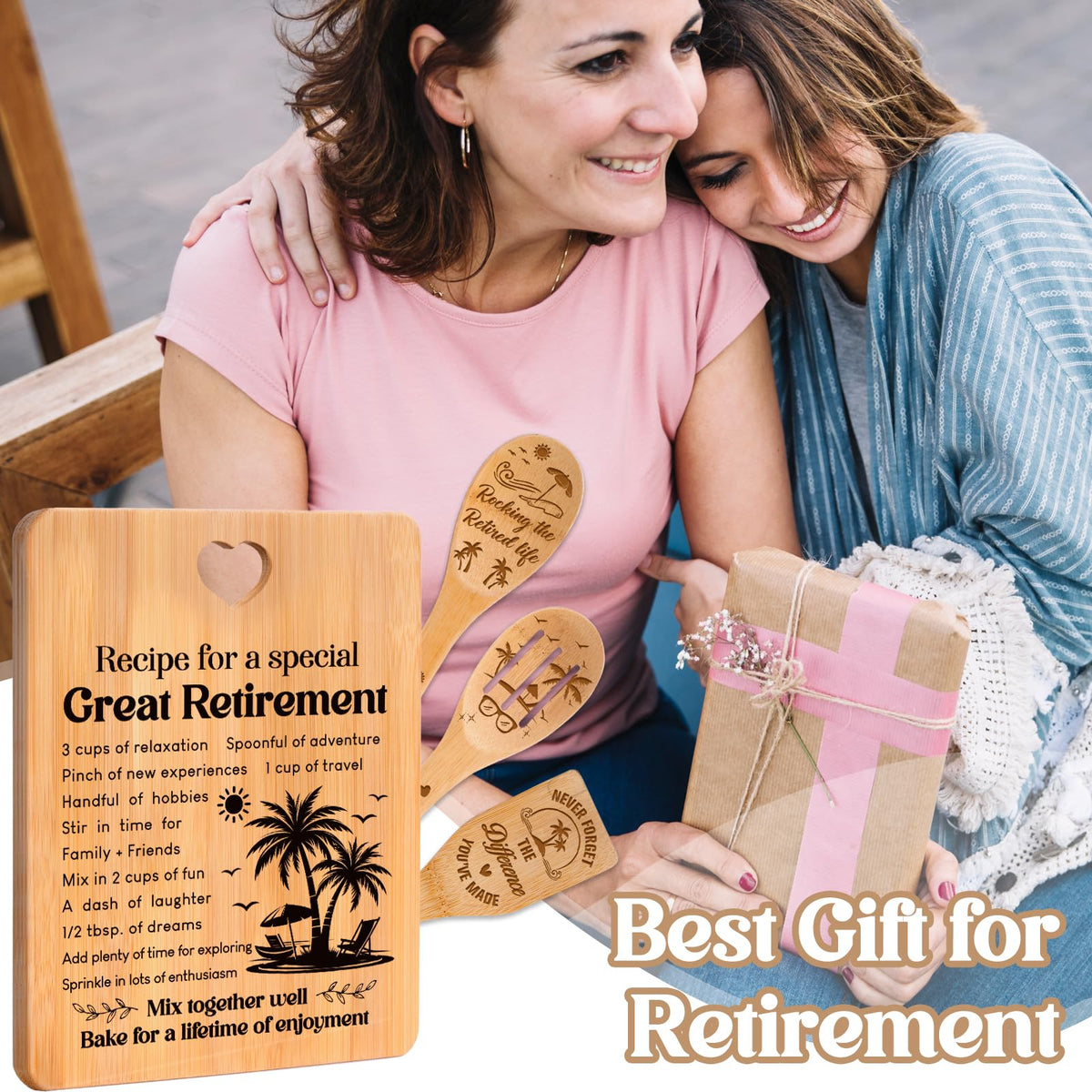 Retirement Gifts for Woman/Men 2026, Happy Retirement Bamboo Cutting Board Set for Colleagues, Coworker, Friend, Teacher, Boss, Parents, Family - Recipe for a Special Great Retirement.