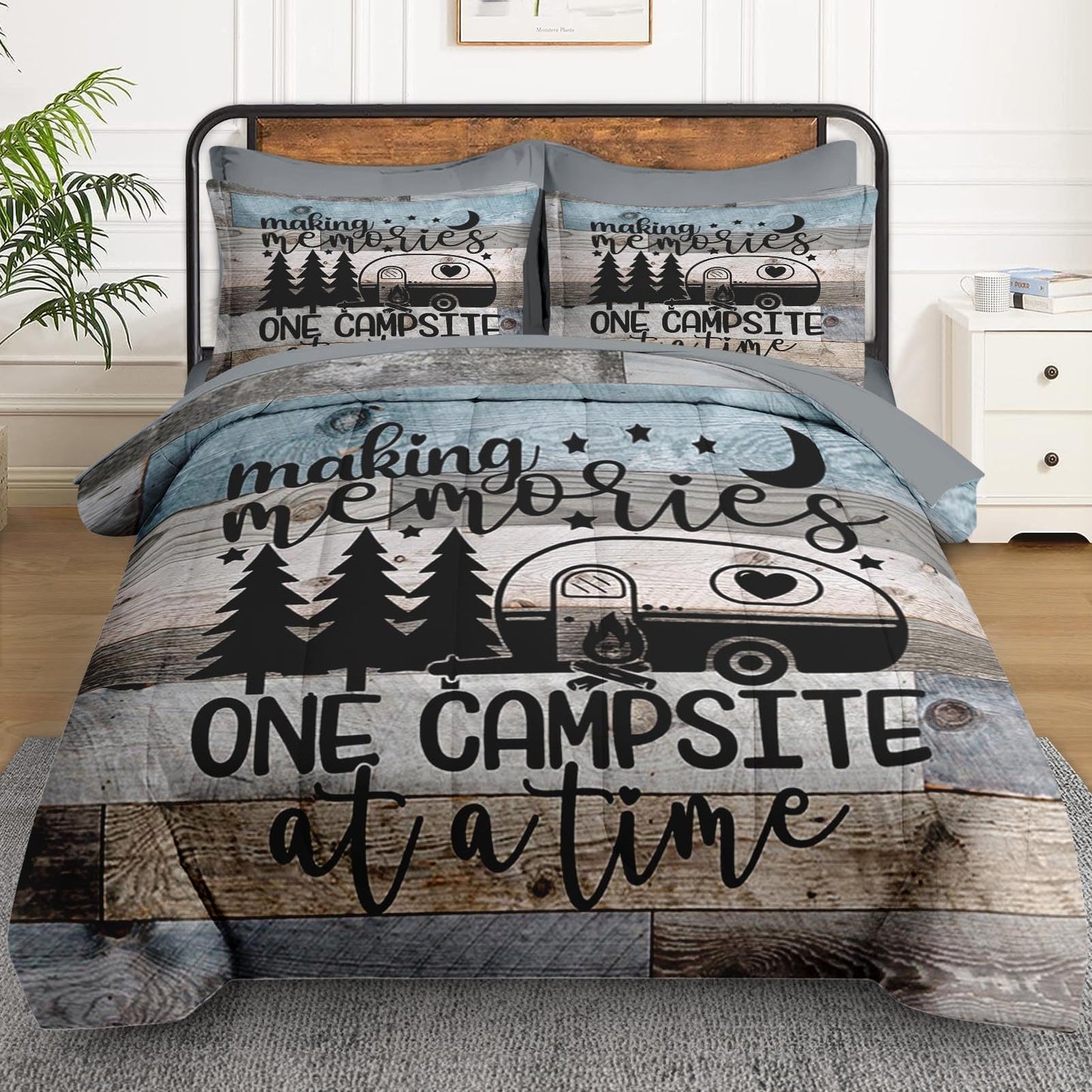 WeCozy 7 Pcs Queen Size Comforter Set with 2 Pillowcases & 2 Shams, Retro Wood Camp Camper Bedding Set for Kids and Adults, Inspirational Motivational Bed in a Bag with Flat Sheet and Fitted Sheet