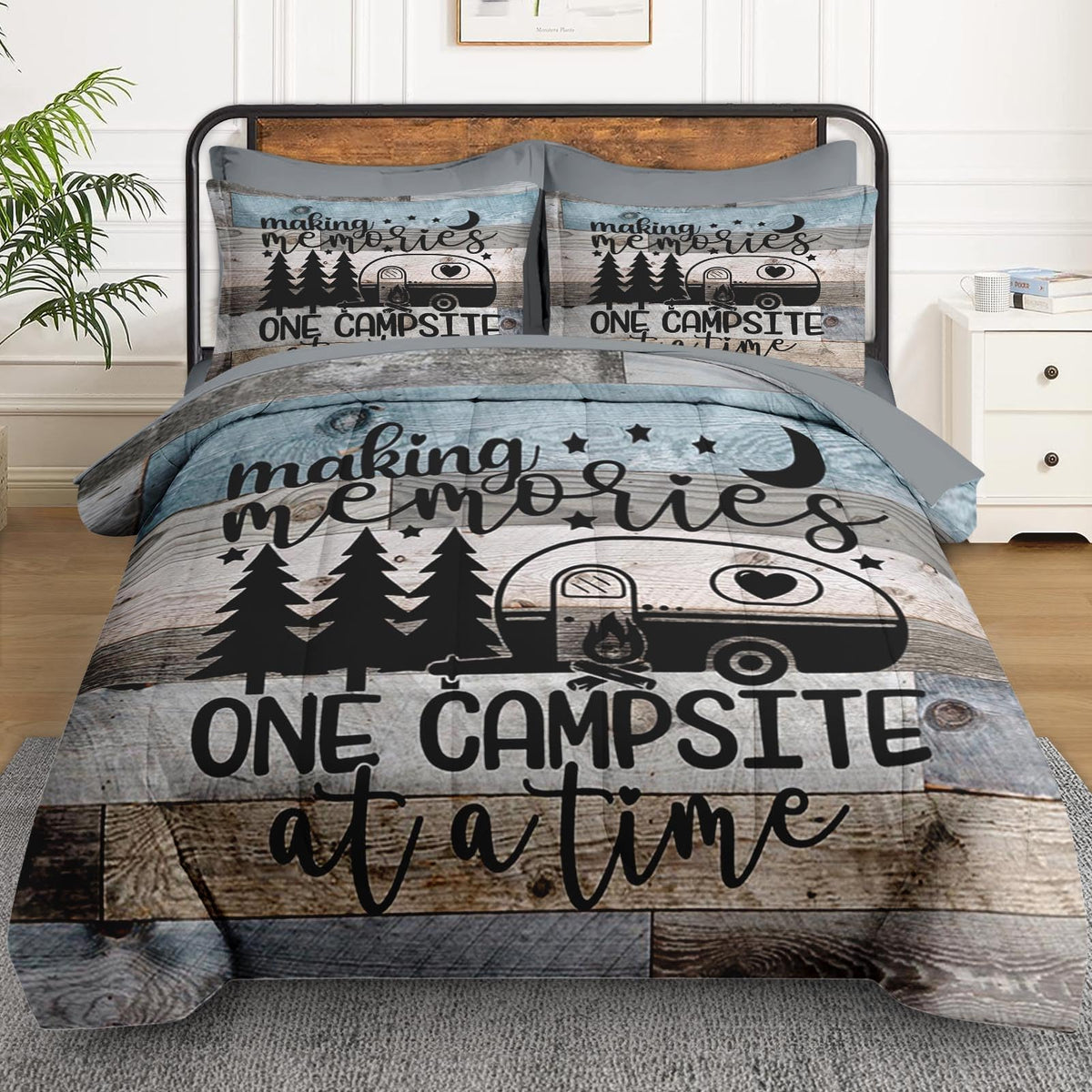 WeCozy 7 Pcs Full Size Comforter Set with 2 Pillowcases & 2 Shams, Inspirational Motivational Bedding Set for Kids and Adults, Retro Wood Camp Camper Bed in a Bag with Flat Sheet and Fitted Sheet