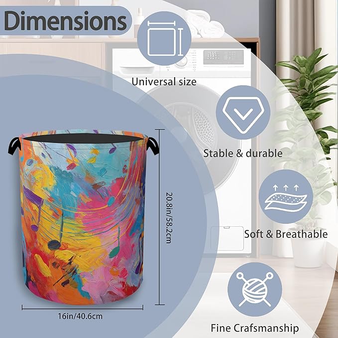 Colorful Music Symbols Laundry Basket, Foldable