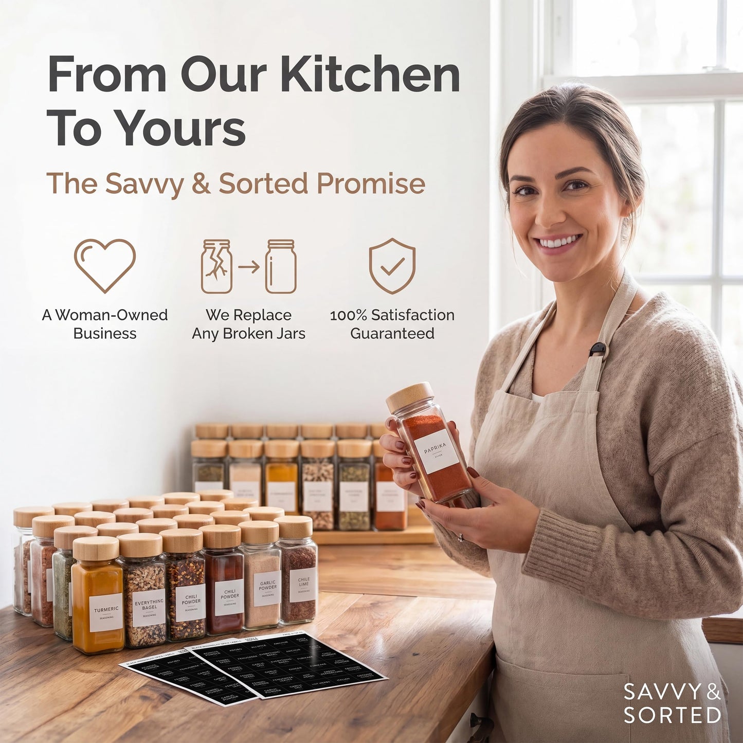 SAVVY & SORTED Glass Spice Jars with Label, 24PK Bamboo Jar Spices Set 4oz, 374 Spice Labels, Pepper Grinder, Empty Herb Seasoning Containers, Funnel and Shaker Lids