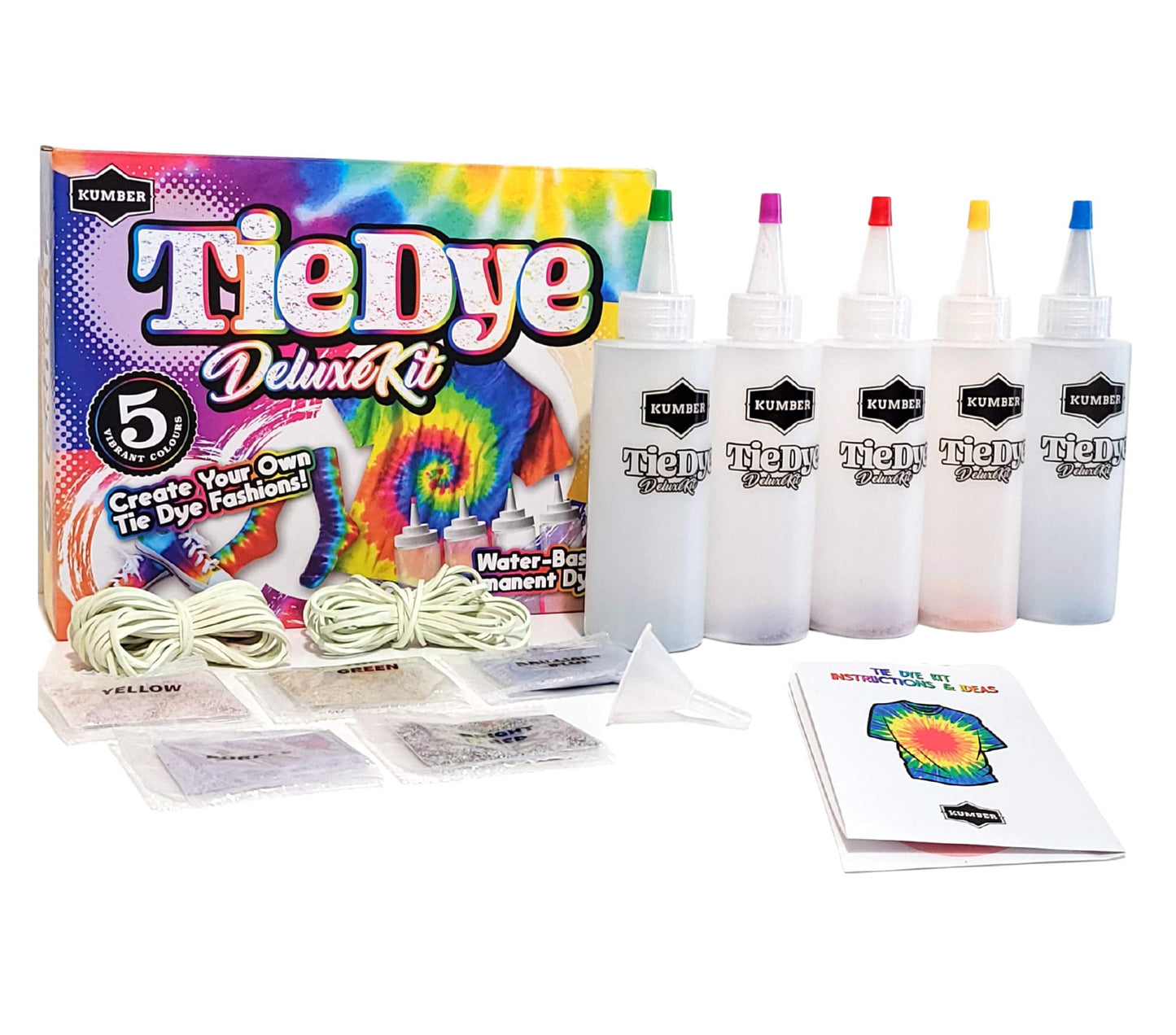 KUMBER Tie Dye Kit Kids - 5 Colours with Extra Dye Powder, Rubber Bands, Gloves and Funnel - Art and Craft Set for Dyeing Clothes, Creative Games & Activities - Suitable for Kids and Adults
