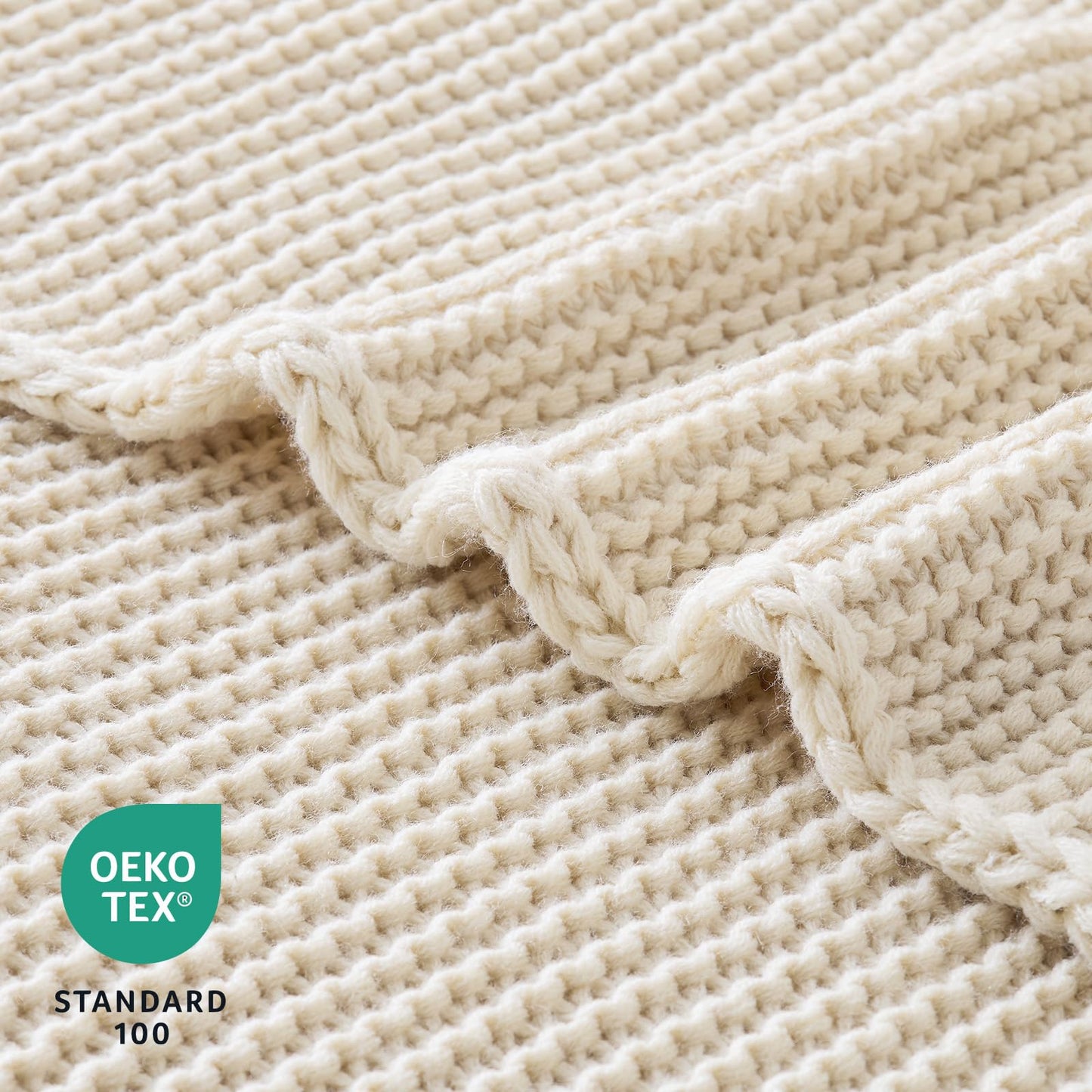 Cable Knit Throw Blanket for Couch, Beige Throw Blanket, Soft Cozy Stretchy Reversible Garter Knitted Blankets for Bed, 50"x60", Light Beige