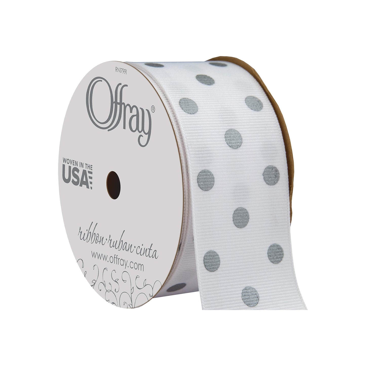 Offray 876600 1.5" Wide Grosgrain Ribbon, Metallic Silver and White Polka Dot, 3 Yards