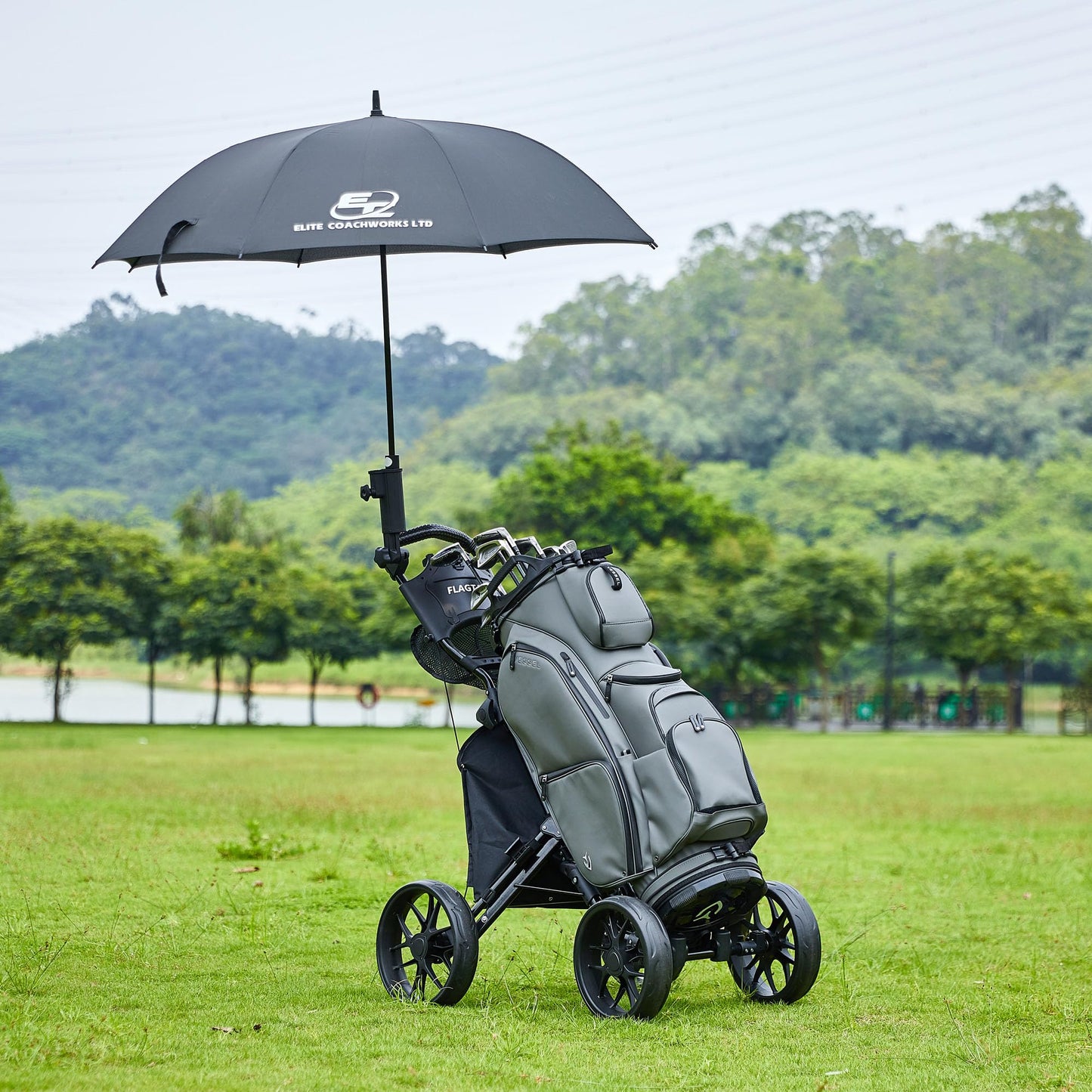 FLAGTAG Golf Push Cart 4 Wheels,Folding Golf Cart, Golf Pull cart with Cup Holder,Umbrella Holder,Cooler Bag, Foldable with one-Click,Handle Height Adjustable,Drink Holder,Walking Push cart