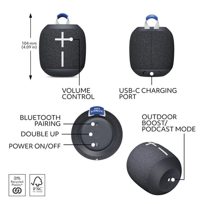 Ultimate Ears WONDERBOOM 4 Portable Waterproof Bluetooth Speaker with Big Bass and 360-Degree Sound, Dustproof Floating Speaker with 131ft (40m) Range- Black