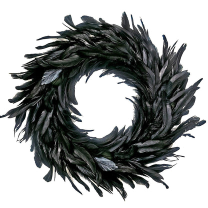 MOVINPE Black Feather Wreath - 14.9'' Natural Cocktail Feather Wreath, Halloween Photo Props, Front Door Decor Witch Spooky Scene Party Decorations