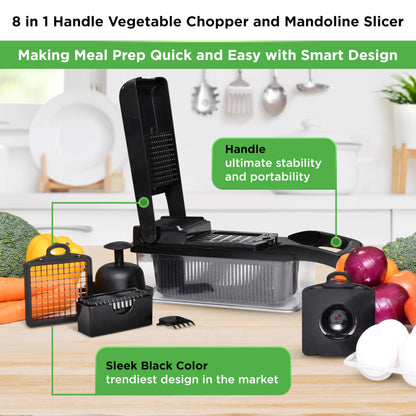 PrepNaturals Vegetable Chopper with Container, Veggie Chopper, Food Chopper & Onion Chopper - Mandoline Slicer for Kitchen (8 in 1, Black)